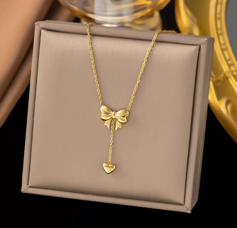 Anti-Tarnish Gold Bow Heart Pendant Necklace for Women | Premium Stainless Steel