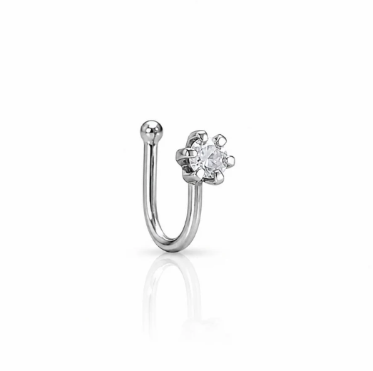 Anti-Tarnish Crystal Nose Pin for Women | Premium Silver Finish Non-Piercing Nose Ring