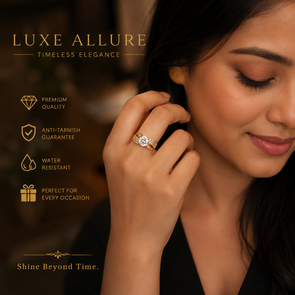 Luxury Gold Plated Solitaire Crystal Ring | Anti-Tarnish | Waterproof | Premium Stainless Steel