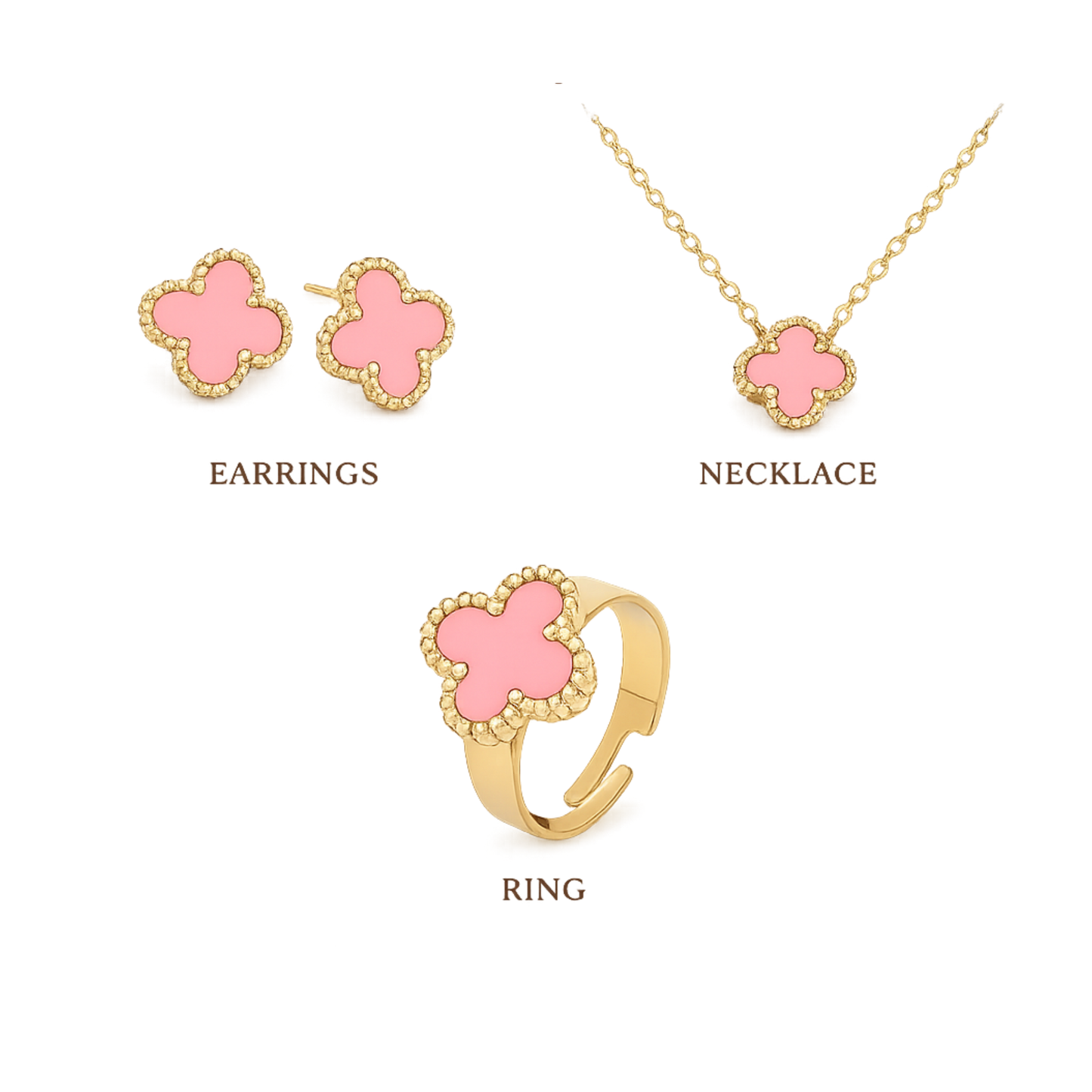 Pink Clover Jewelry Combo Set – Necklace, Earrings & Adjustable Ring | Waterproof | Anti-Tarnish