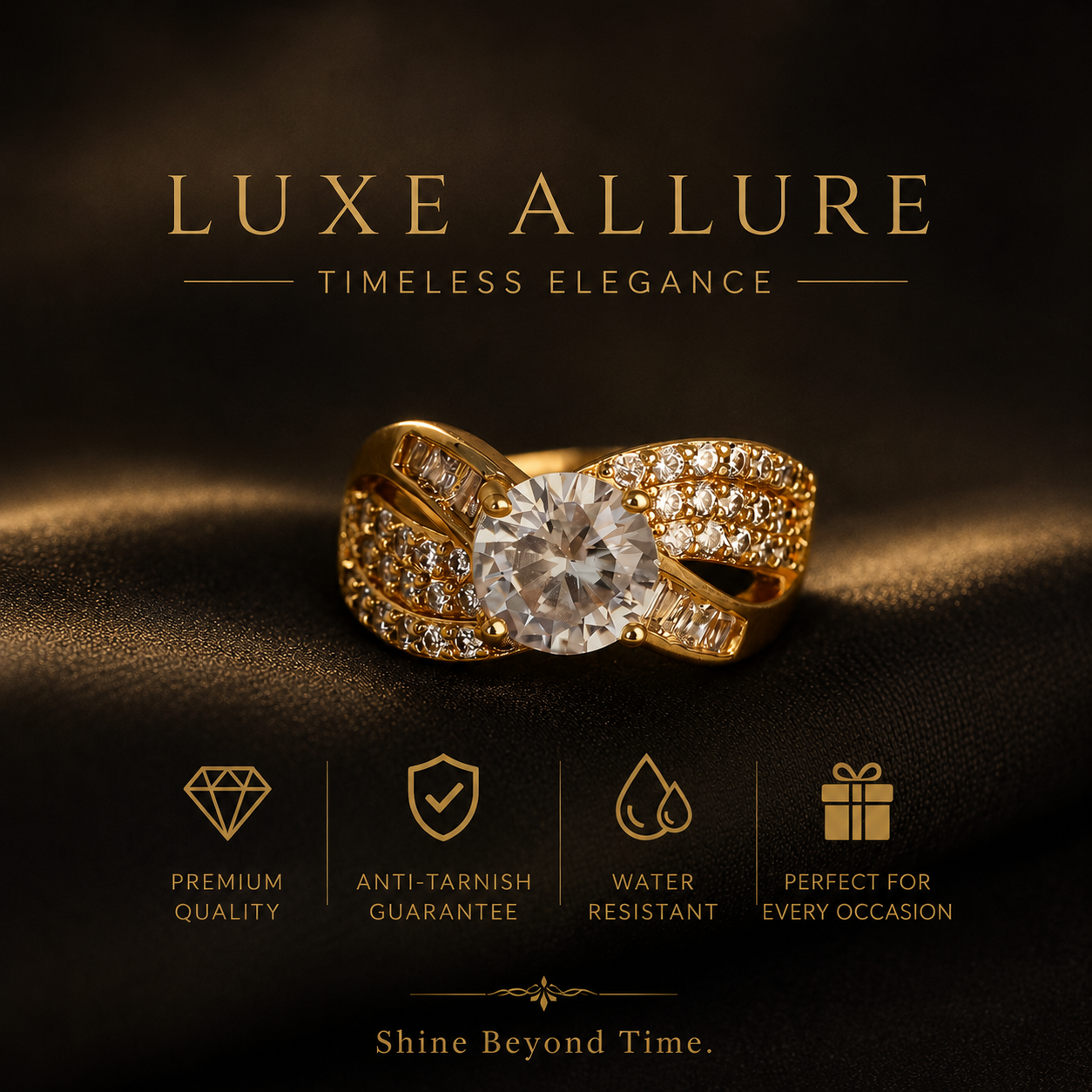 Luxury Gold Plated Solitaire Crystal Ring | Anti-Tarnish | Waterproof | Premium Stainless Steel