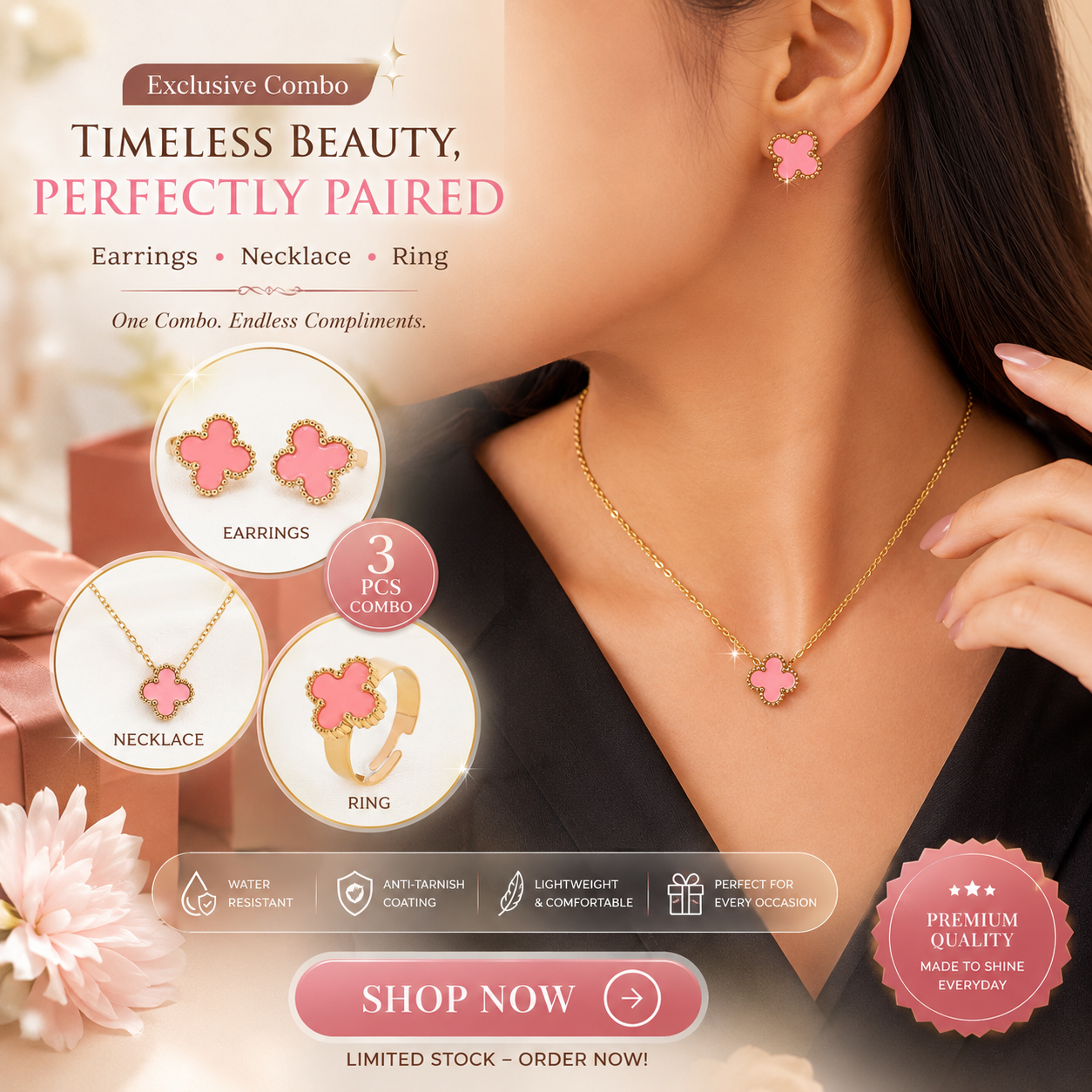 Pink Clover Jewelry Combo Set – Necklace, Earrings & Adjustable Ring | Waterproof | Anti-Tarnish