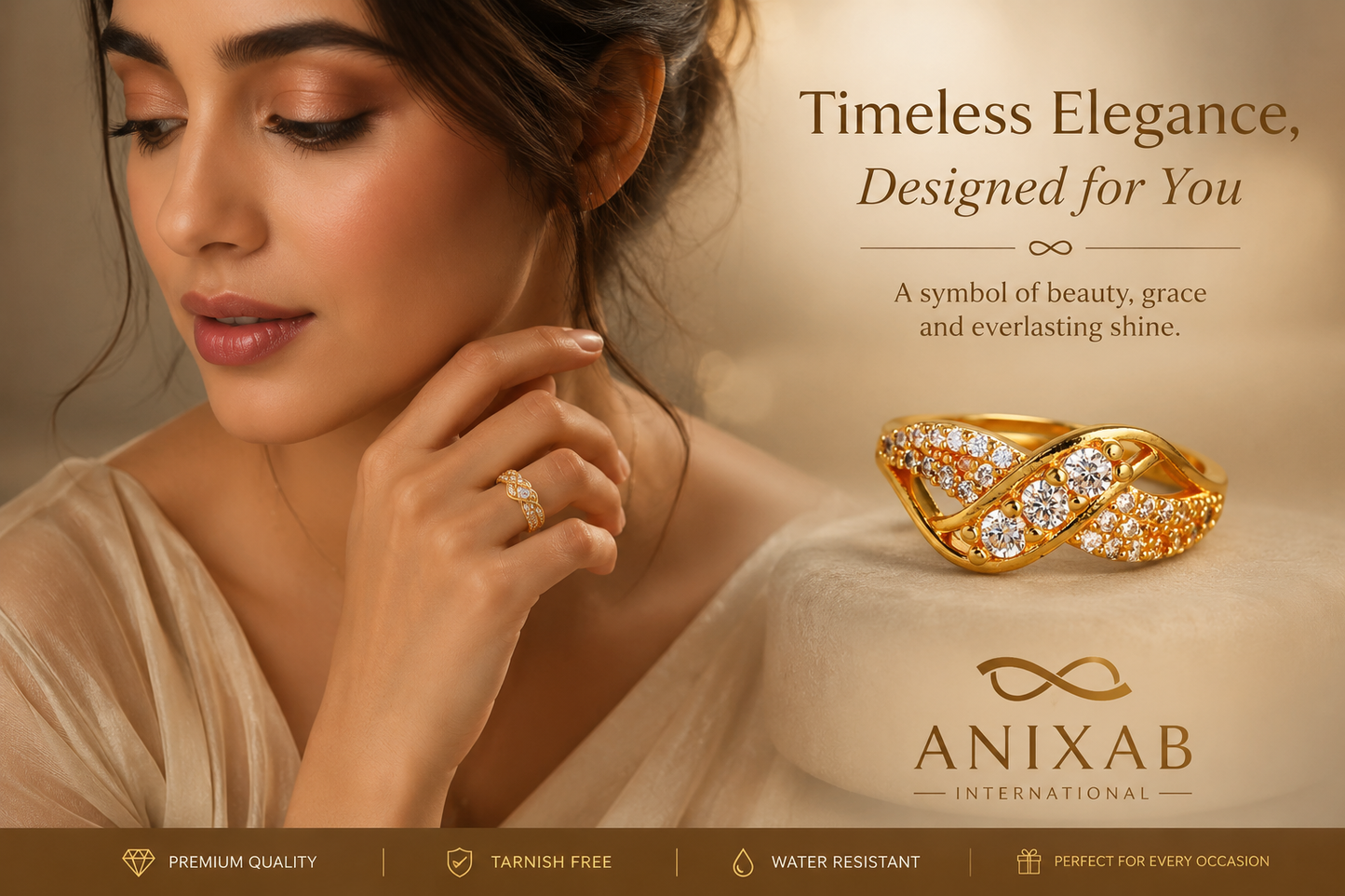 Luxury Gold Plated Infinity CZ Ring | Waterproof | Tarnish Free | Daily Wear
