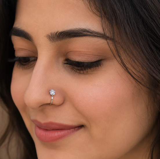 Anti-Tarnish Crystal Nose Pin for Women | Premium Silver Finish Non-Piercing Nose Ring