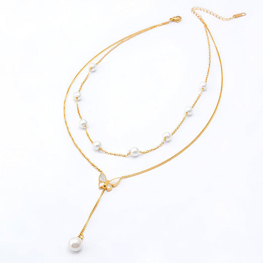 Gold Plated Anti Tarnish Stainless Steel Butterfly Themed Pearl Studded Pendant