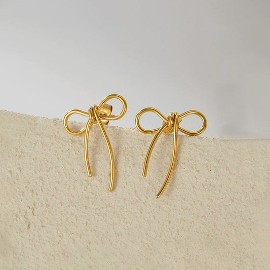 Gold Plated Stainless Steel Anti Tarnish Bow Themed Drop Earrings